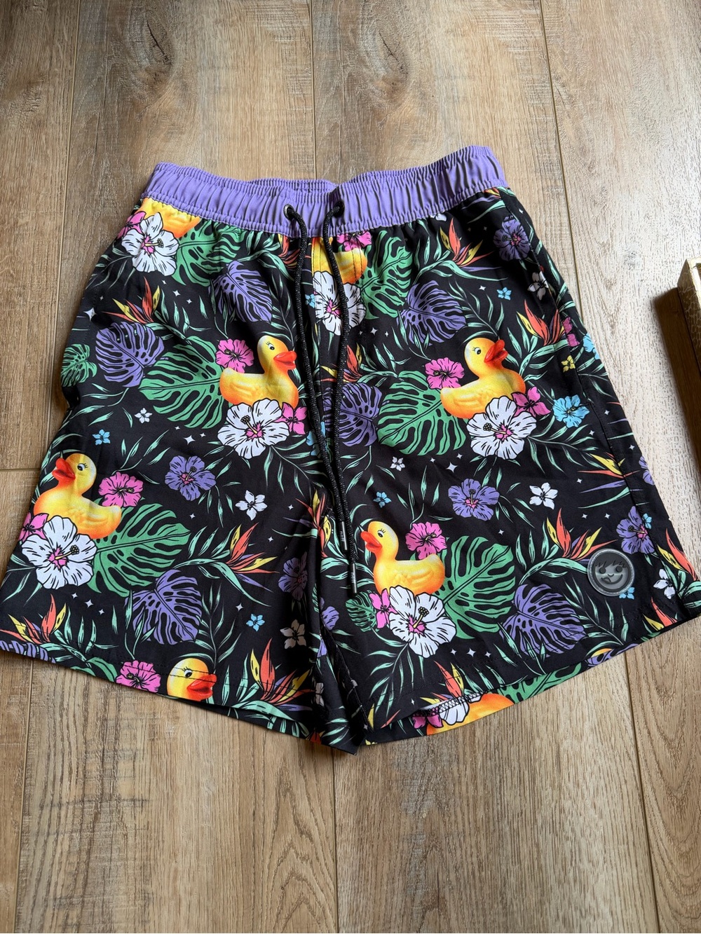 Neff Black Tropical Duck Print Shorts with Purple Waistband